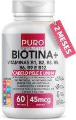 Biotina + Puro Nutrition Pele, Cabelo e Unhas, 45 mcg de Biotina por dose, Vitaminas B1, B2, B3, B5, B6, B9 e B12, 60 Cápsulas